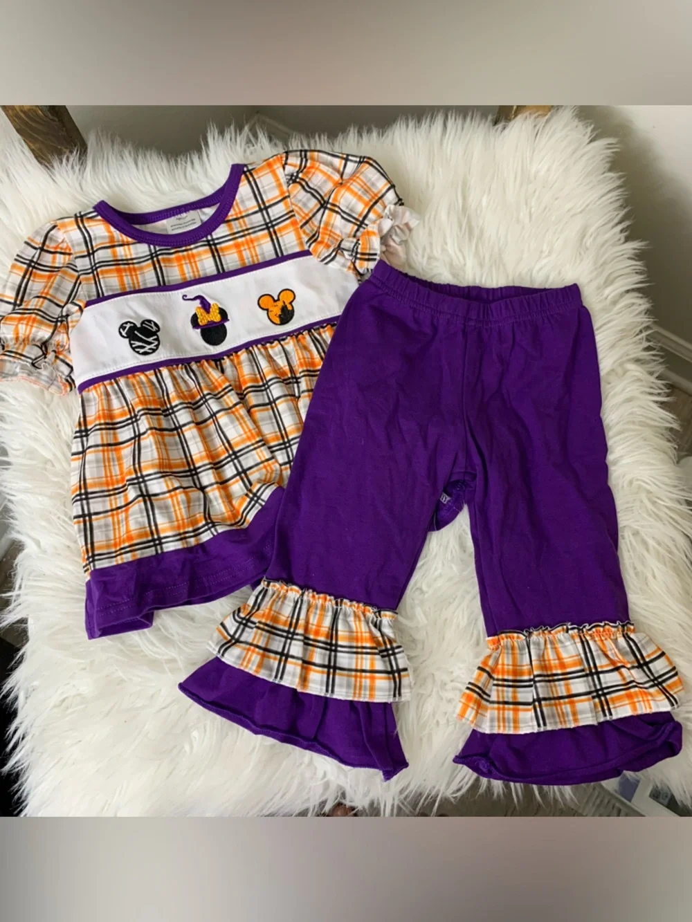 Disney Halloween Plaid Embroidered Purple Trim Outfit Size 12M